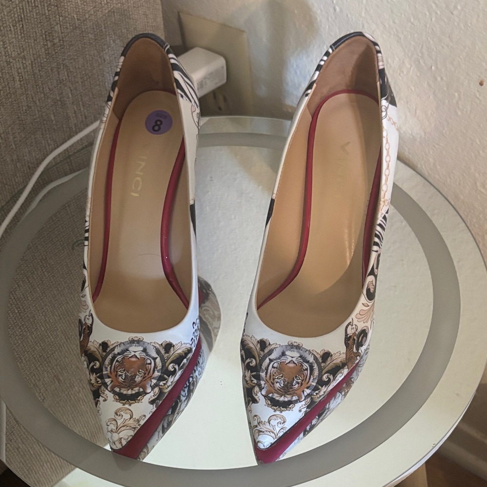 Women's White and Red Patterned Heels